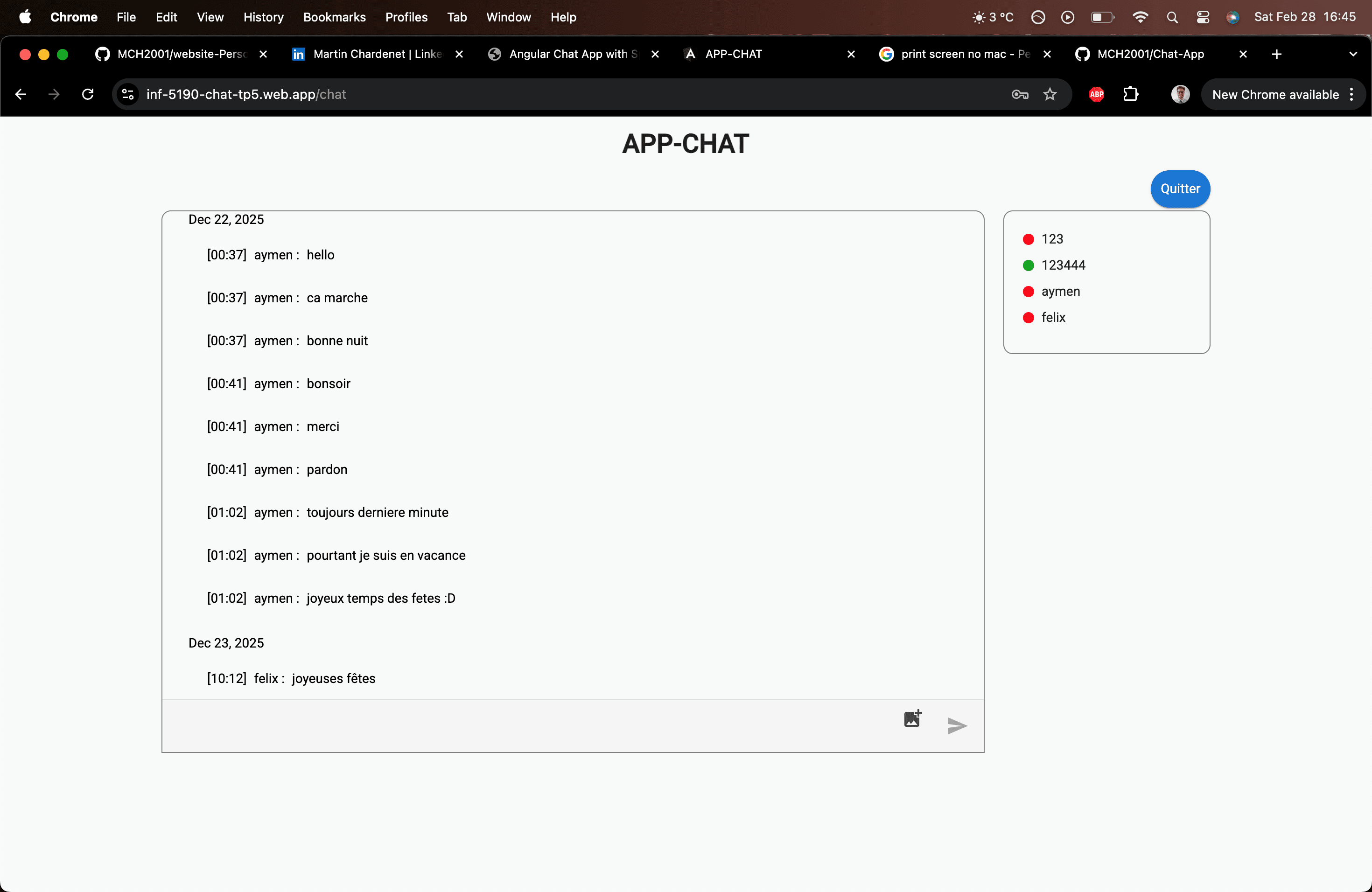 Angular Chat application interface screenshot